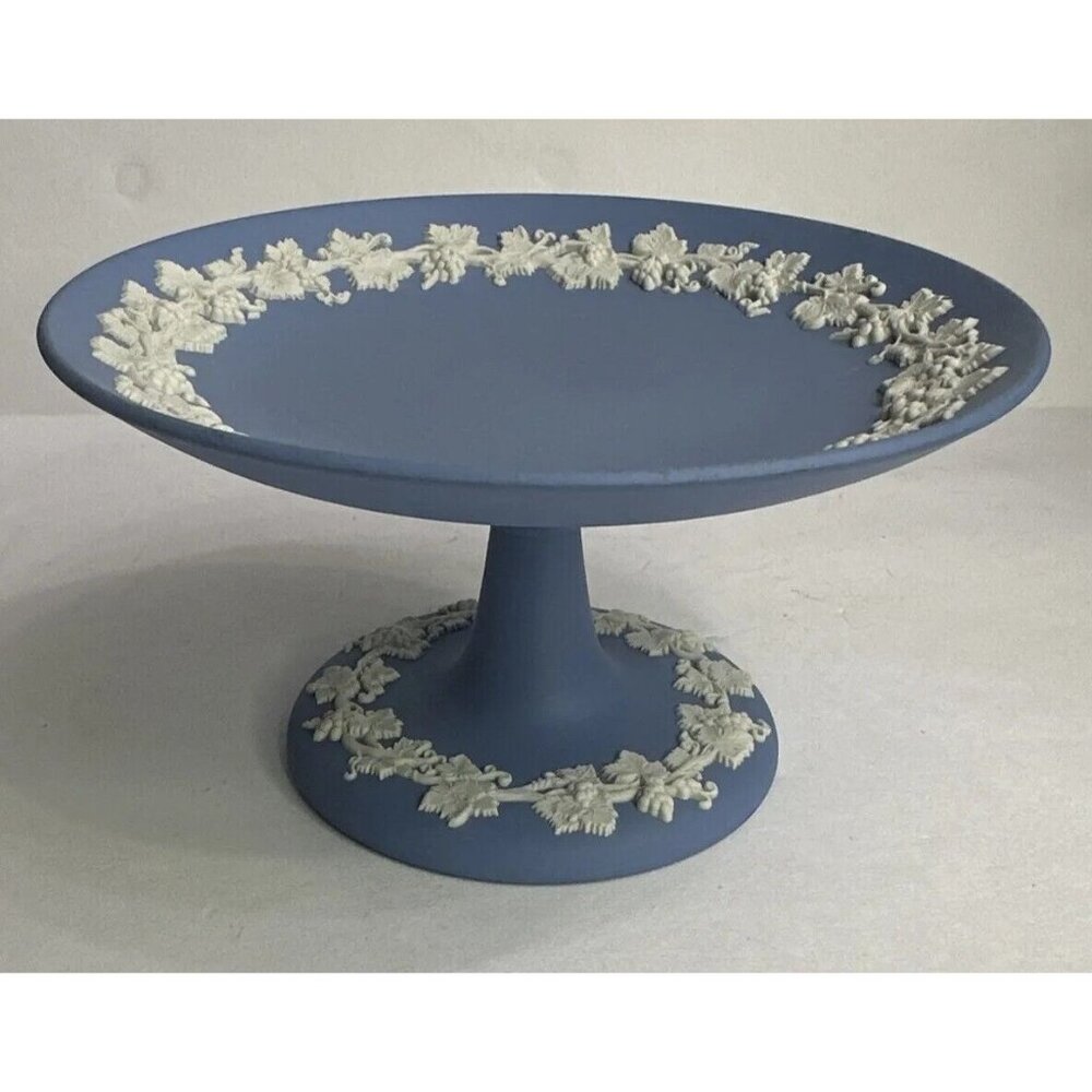 Vintage Wedgwood Blue And White cake stand Or Compote Dish Intricate Grapevines